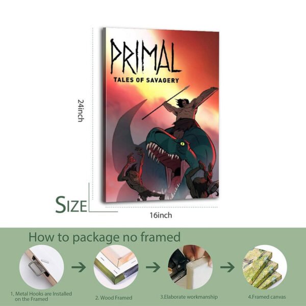 Primal Tales of Savagery 16x24 inch canvas print with 4-step packaging process showing metal hooks, wood framing, elaborate workmanship, and final framed canvas.