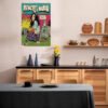 Princess Nokia vintage comic poster displayed in modern Scandinavian kitchen with wood cabinets and natural decor