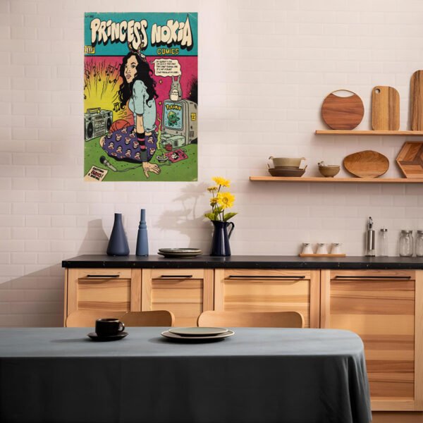 Princess Nokia vintage comic poster displayed in modern Scandinavian kitchen with wood cabinets and natural decor
