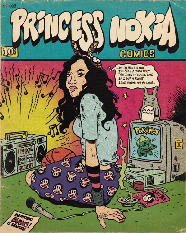 Princess Nokia vintage comic book style poster featuring retro pop culture elements and 90s nostalgia aesthetic