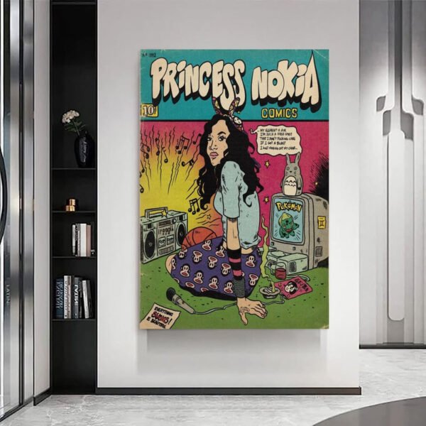Princess Nokia vintage comic poster displayed as wall art in modern minimalist interior design setting