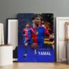 Professional large-format Lamine Yamal Barcelona canvas print displayed in art studio with empty frames showing commercial quality sports artwork