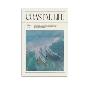 Coastal Life framed canvas print featuring Psalms 23:3,6 with aerial surf photography in turquoise ocean waters