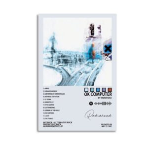 Radiohead OK Computer album art poster with minimalist design featuring complete track listing and 1997 release information
