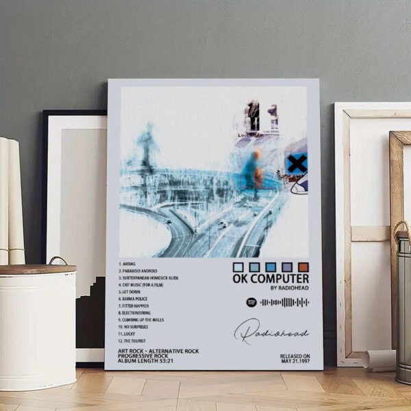 Radiohead OK Computer album poster with complete track listing and abstract highway artwork displayed in modern interior gallery setting