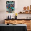 Raekwon Wu-Tang comic poster displayed as kitchen wall art in modern Scandinavian-style kitchen with wood cabinets and floating shelves.
