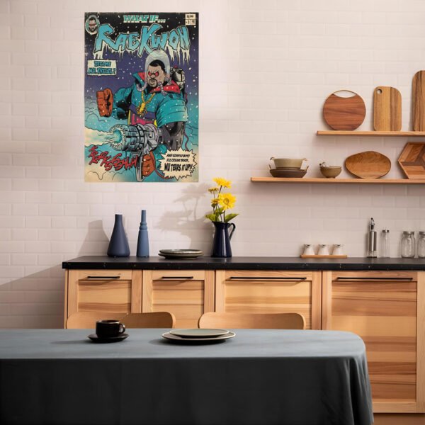 Raekwon Wu-Tang comic poster displayed as kitchen wall art in modern Scandinavian-style kitchen with wood cabinets and floating shelves.