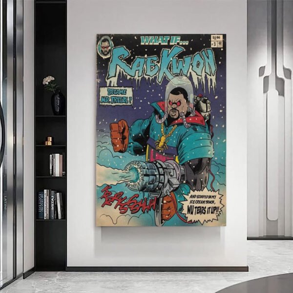 Raekwon Wu-Tang comic poster displayed as wall art in modern minimalist interior home decor setting.