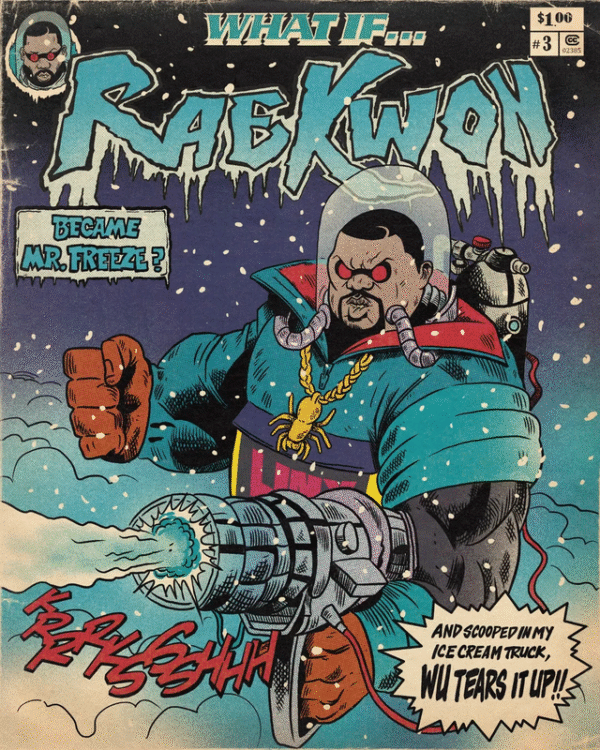 Vintage comic book poster featuring Raekwon as Mr. Freeze with ice powers, freeze ray weapon, and classic comic book styling with snow effects.