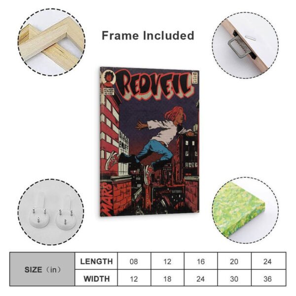 REDVEIL vintage comic book poster with wooden frame, hanging hardware, and size chart showing dimensions from 8x12 to 24x36 inches