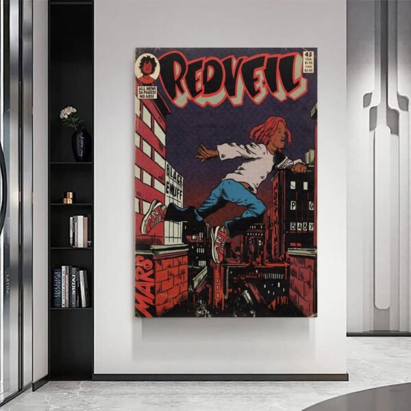 REDVEIL Issue #43 comic book poster displayed in modern minimalist interior with built-in shelving, perfect for contemporary home decor and hip-hop culture enthusiasts.