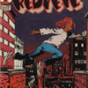 REDVEIL vintage comic book cover featuring parkour athlete with red dreadlocks jumping across urban rooftops in retro comic art style