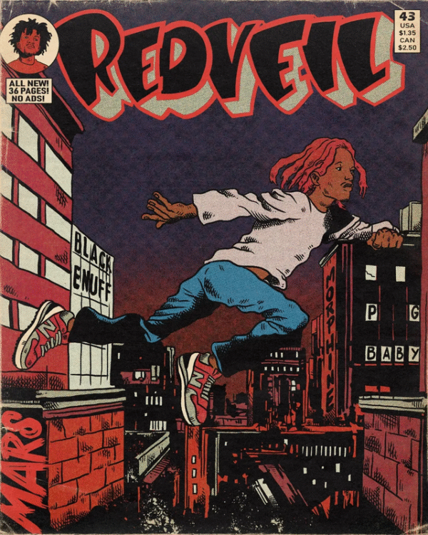 REDVEIL vintage comic book cover featuring parkour athlete with red dreadlocks jumping across urban rooftops in retro comic art style