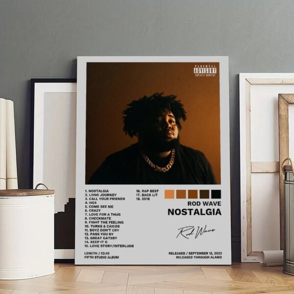 Rod Wave Nostalgia album canvas print displayed in modern art studio with complete 18-track listing and September 2023 release details.