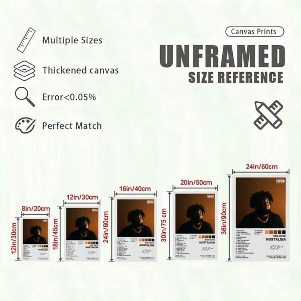 Rod Wave Nostalgia canvas print size reference chart showing 5 different unframed dimensions from 8x12 to 24x36 inches with quality specifications.