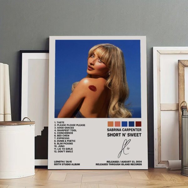 Framed Sabrina Carpenter Short n Sweet album poster displayed in modern interior with complete tracklist and release information