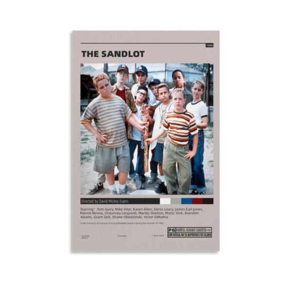 The Sandlot 1993 movie poster featuring cast of young baseball players, directed by David Mickey Evans, vintage cinema collectible wall art