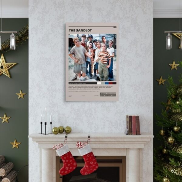 The Sandlot movie poster displayed as wall art above fireplace in Christmas decorated living room with holiday decorations