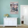 The Sandlot movie poster displayed on sage green wall above white sideboard in modern coastal style interior design