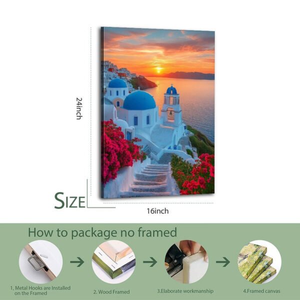 16x24 inch Santorini canvas print with blue-domed churches and professional unframed packaging process demonstration