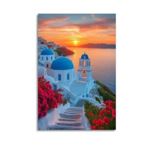Santorini canvas print featuring iconic blue-domed churches at sunset with vibrant bougainvillea flowers and Aegean Sea view