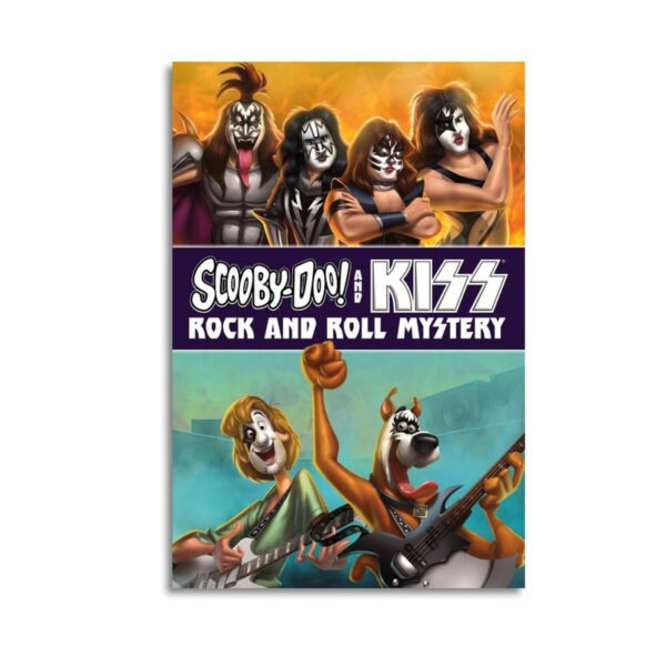 Scooby-Doo and KISS Rock and Roll Mystery canvas print featuring KISS band members in iconic makeup with Shaggy and Scooby playing electric guitars in vibrant animated style.