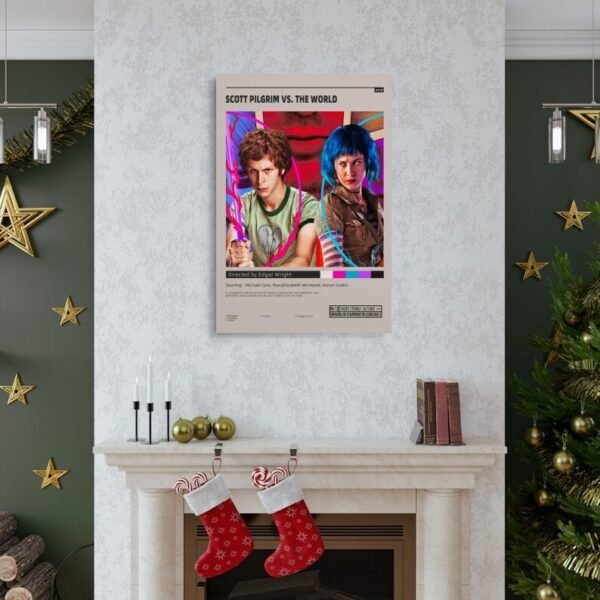 Scott Pilgrim vs The World movie poster displayed as elegant wall art above white marble fireplace in luxury home interior with Christmas decorations.