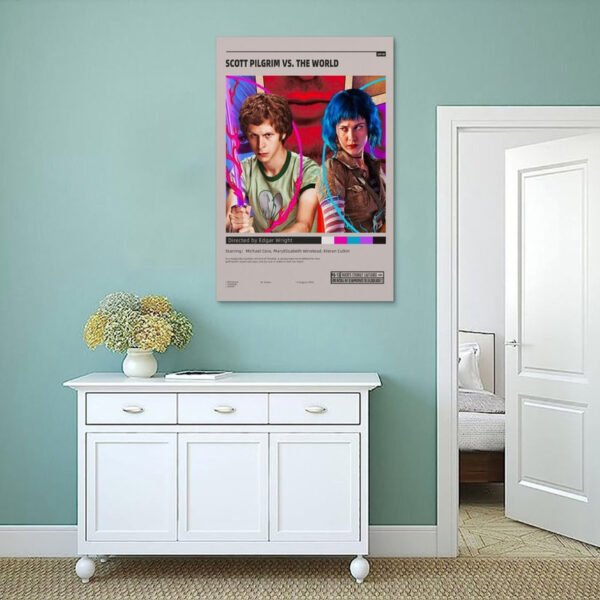 Scott Pilgrim vs The World movie poster displayed as minimalist wall art in modern bedroom with mint green walls and white furniture.