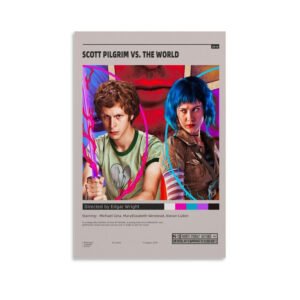 Scott Pilgrim vs The World movie poster featuring Michael Cera and Mary Elizabeth Winstead in vibrant comic book style artwork from 2010 Edgar Wright film.