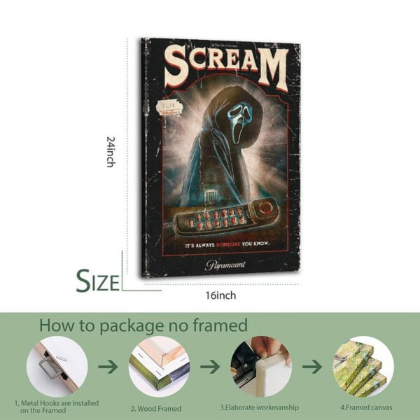 Scream movie poster canvas print with size measurements and step-by-step unframed canvas packaging and installation process guide