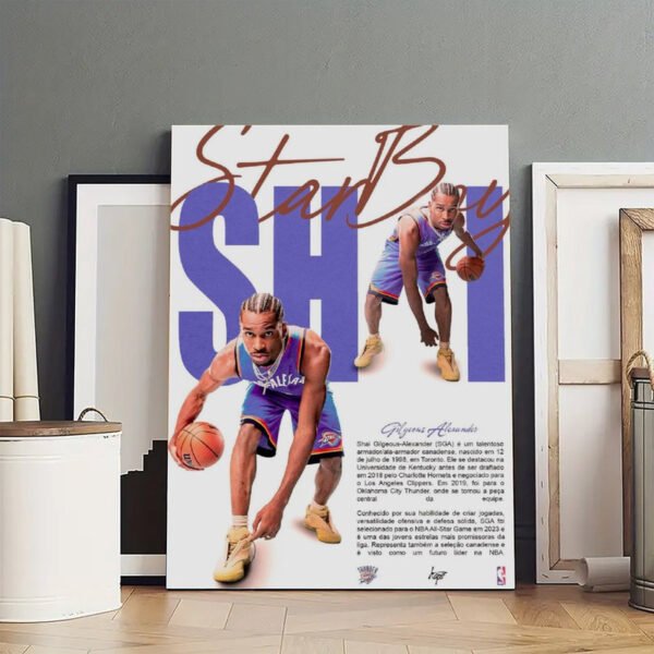 Shai Gilgeous-Alexander SGA Thunder canvas poster with Portuguese biographical text displayed in modern interior setting