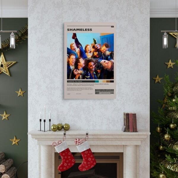 Shameless TV series poster displayed above white marble fireplace in elegant Christmas-decorated living room with gold star ornaments, evergreen garlands, and holiday stockings.