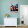 Shameless TV series poster displayed on mint green wall above white traditional sideboard with decorative vase and flowers in minimalist modern interior design setting.