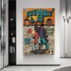 Showbiz & AG vintage comic book poster displayed on white wall in modern minimalist interior with built-in shelving and contemporary design elements.