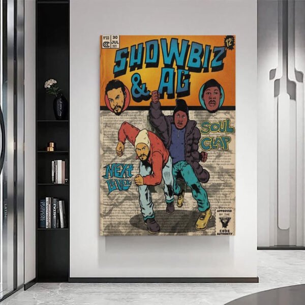 Showbiz & AG vintage comic book poster displayed on white wall in modern minimalist interior with built-in shelving and contemporary design elements.