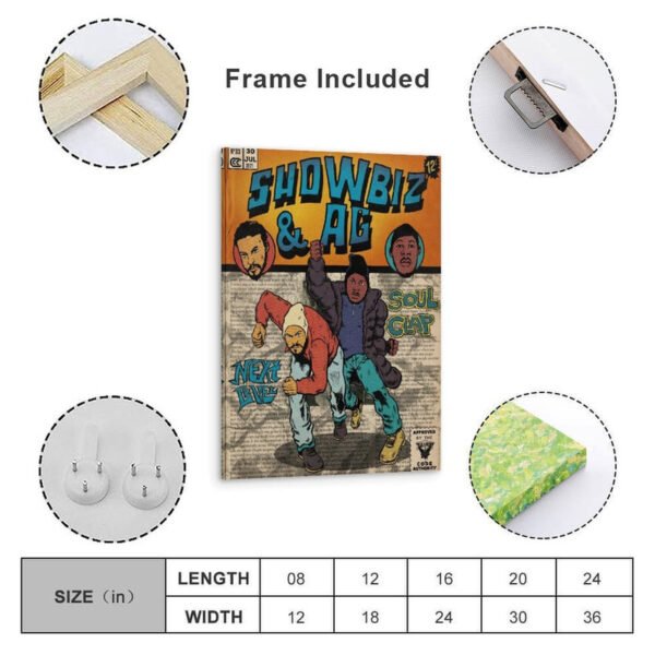 Showbiz & AG framed vintage comic poster with wooden frame, hanging hardware, and size chart showing dimensions from 8x12 to 24x36 inches, ready to hang wall art.