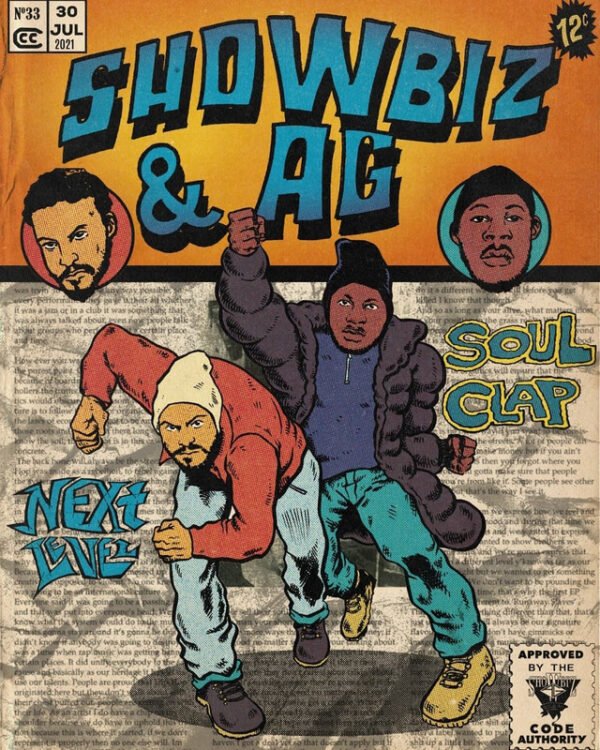Showbiz & AG vintage comic book style poster featuring the hip-hop duo in 90s street fashion with newspaper collage background and classic comic book design elements.