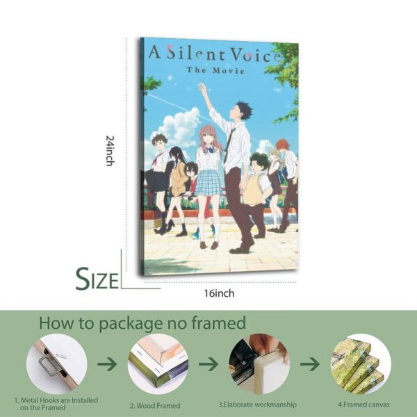 A Silent Voice 16x24 inch canvas print with step-by-step packaging process showing metal hooks, wood frame, elaborate workmanship and final framed canvas.
