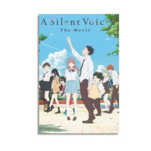 A Silent Voice The Movie canvas print featuring main characters Shoya and Shoko with classmates in bright school courtyard setting with blue sky background.