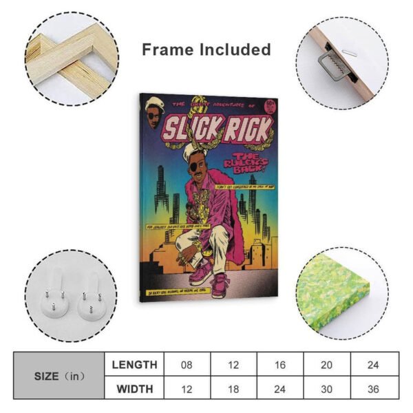Slick Rick vintage comic book poster with frame included, showing multiple size options from 8x12 to 24x36 inches and mounting hardware details.