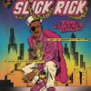 Vintage comic book style poster featuring Slick Rick in pink fur coat and gold jewelry with urban cityscape background and rap lyrics.