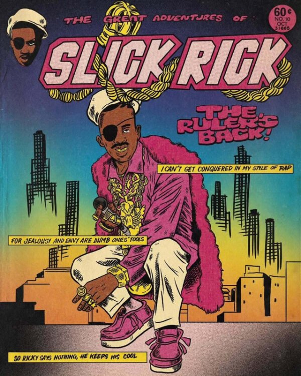 Vintage comic book style poster featuring Slick Rick in pink fur coat and gold jewelry with urban cityscape background and rap lyrics.