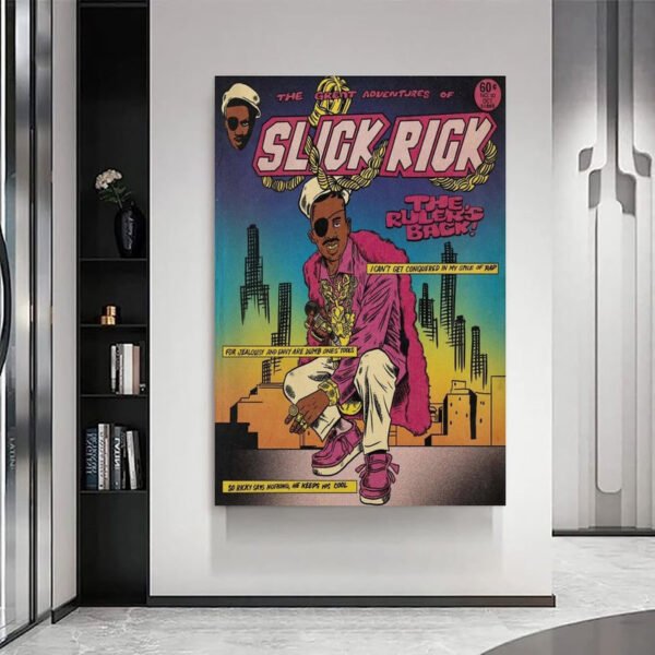 Slick Rick vintage comic book poster displayed as wall art in modern home interior with contemporary shelving and minimalist decor.