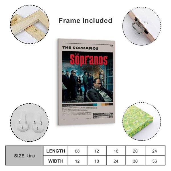 The Sopranos HBO framed poster with frame included, mounting hardware, and size chart showing dimensions from 8x12 to 24x36 inches