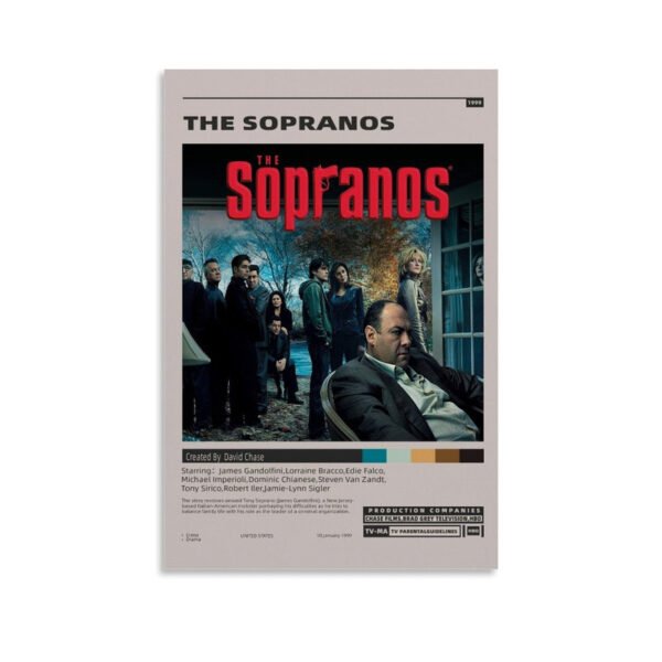 The Sopranos HBO poster featuring James Gandolfini and complete cast with series information and production credits