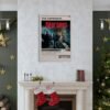 The Sopranos HBO poster displayed as elegant wall art in luxury Christmas living room with fireplace and holiday decorations