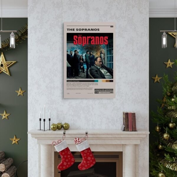The Sopranos HBO poster displayed as elegant wall art in luxury Christmas living room with fireplace and holiday decorations