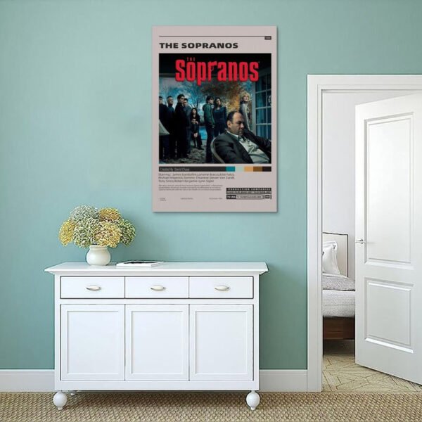 The Sopranos HBO poster displayed as modern wall art in minimalist interior with mint green walls and white furniture