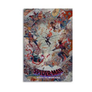 Spider-Man: Across the Spider-Verse movie poster featuring Miles Morales, Spider-Gwen, and multiple Spider-People in an epic multiverse battle scene with dynamic comic book art style.