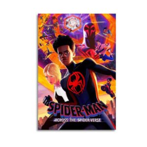 Spider-Man Across the Spider-Verse movie poster featuring Miles Morales and multiple Spider-People characters in dynamic multiverse setting with vibrant colors and dimensional portals.